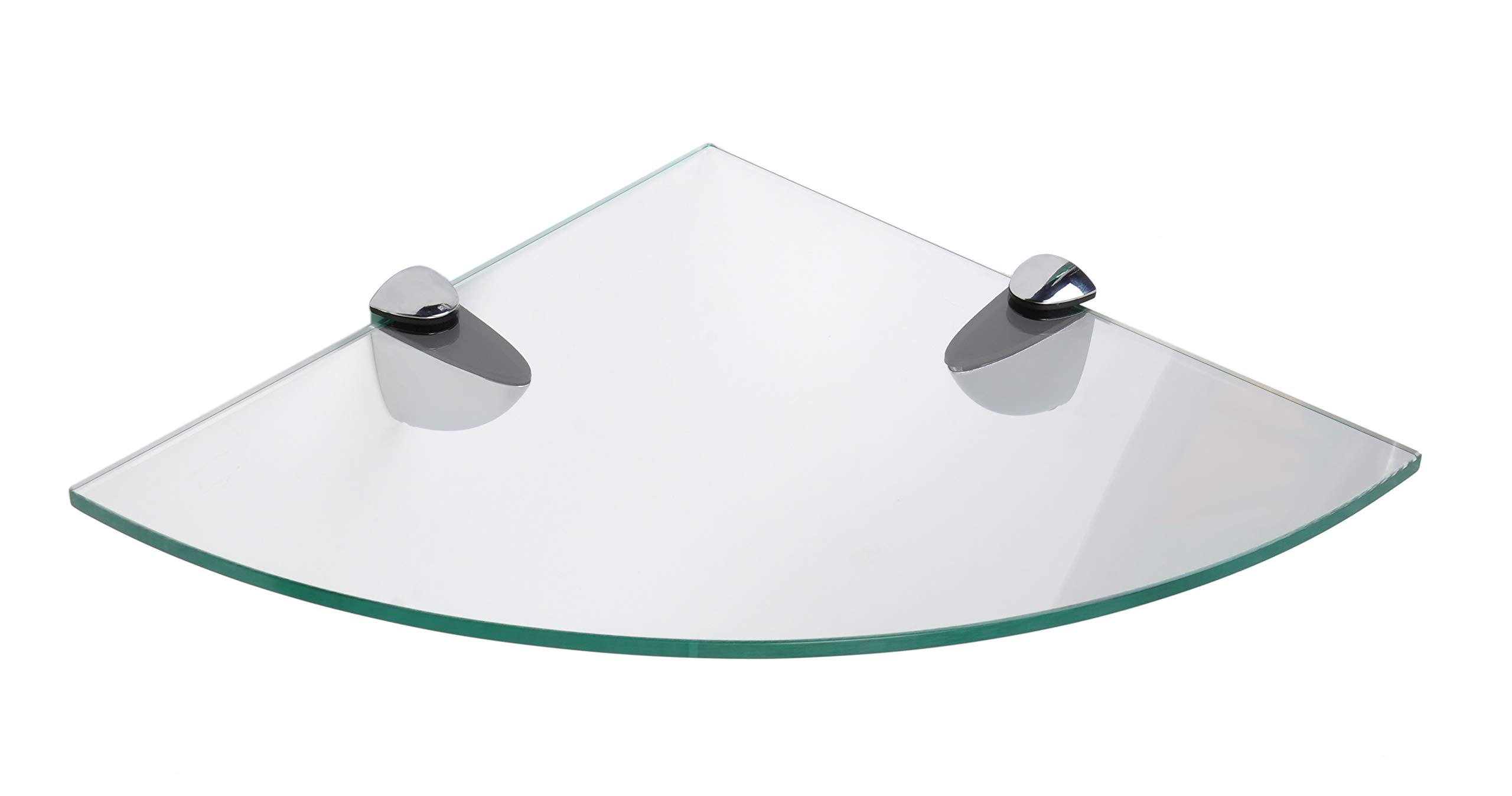 BSM Marketing Black, White or Clear 250mm (10“ approx) 6mm thickness Toughened Glass Corner Shelves for Bathroom Bedroom Kitchen Office with Large Chrome Finish Shelf Brackets Supports (Clear)