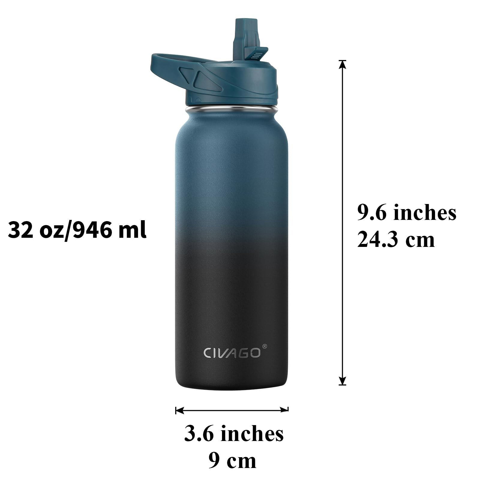 CIVAGO 32 oz Insulated Water Bottle With Straw, Stainless Steel Sports Water Cup Flask with 3 Lids (Straw, Spout and Handle Lid), Wide Mouth Travel Thermal Mug, Black