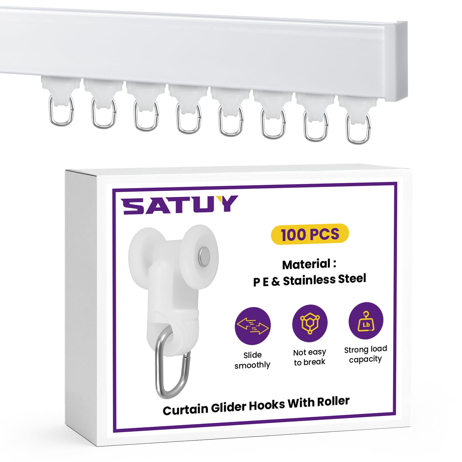 Photo 1 of SATUY 100 Pcs Curtain Glider Track Rail Runners, Heavy Duty Mute Wheel Curtain Glider Hooks with Dual Rollers for Universal Ceiling Drapes Room Dividers Shower Curtains Window Treatments