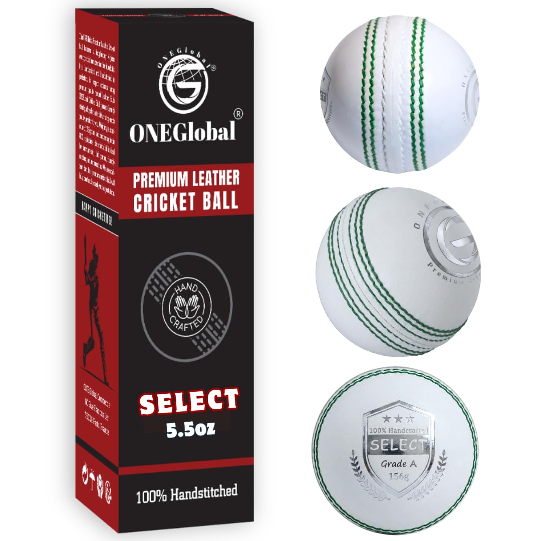 ONEGlobal Select Leather Cricket Ball for Match, Practice & Training | Senior 5.5oz & Junior 4.75oz Genuine Leather Hard Cricket Balls in Red, White, Pink or Red&White (3-WHITE, Senior)