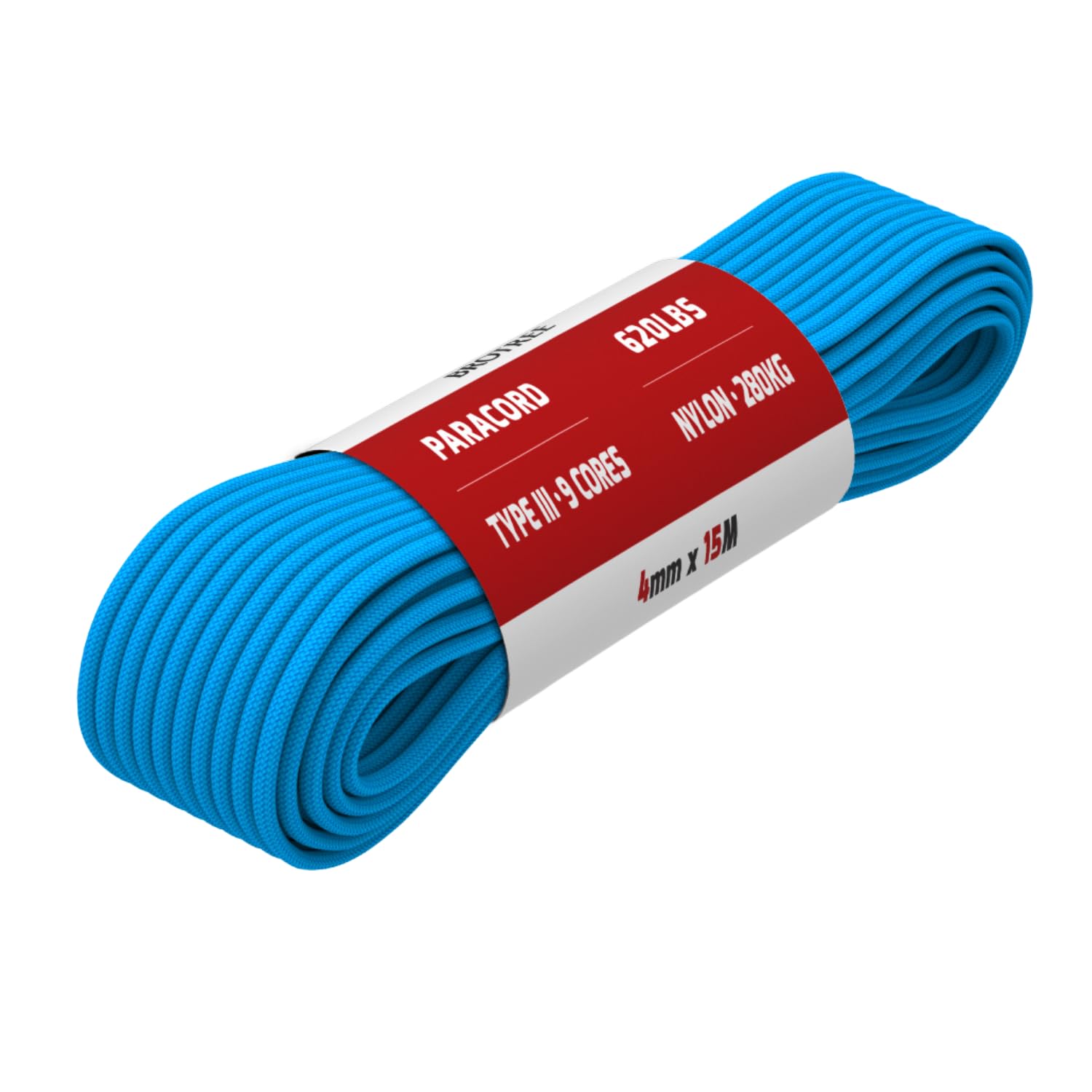 Brotree Paracord 4mm 15M 9 Strands 100% Nylon Rope Type 3 Parachute Cord for Outdoor, Bracelet, DIY - 280kg Breaking Load (Blue)