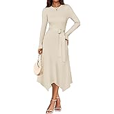 ZESICA Long Sleeve Sweater Dresses for Women 2026 Fall Winter Crewneck Ribbed Knit High Waist Midi Dress with Belt
