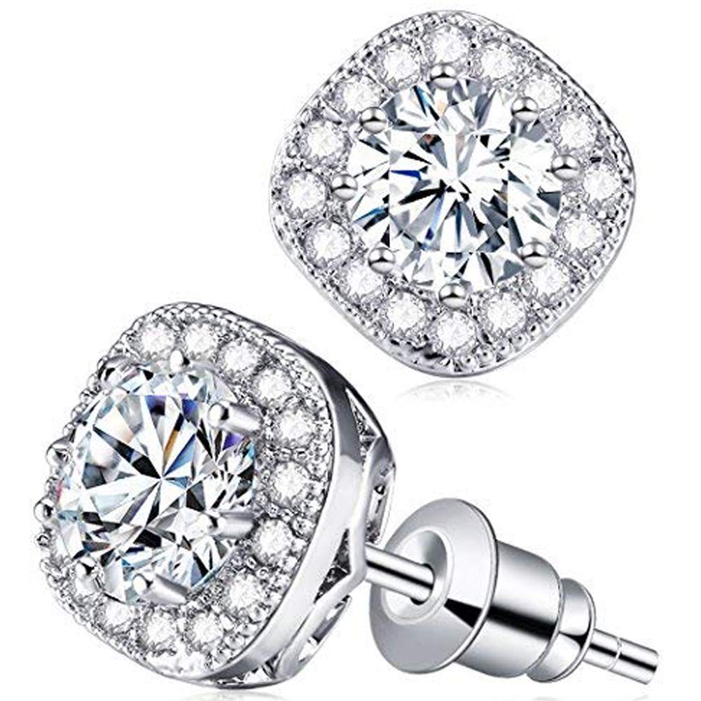 Stud Earrings, Silver Plated Rhinestone Crystal Halo Cubic Zircon for Women Earring (E001-S)