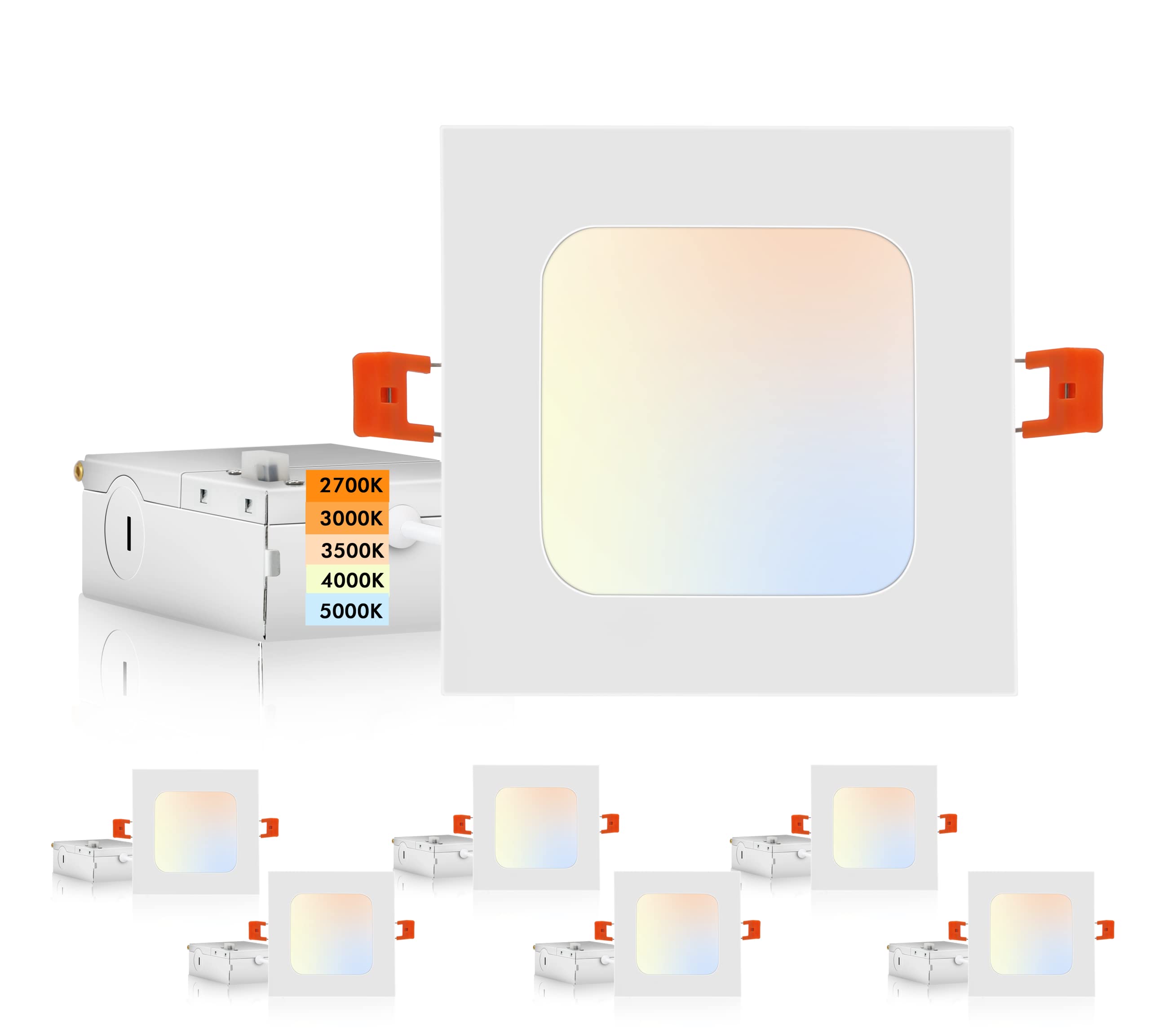 CLOUDY BAY 6 Pack 6 Inch 5CCT Ultra-Thin LED Square Recessed Ceiling Light with Junction Box,2700K/3000K/3500K/4000K/5000K Selectable,15W Dimmable Canless Downlight,850LM