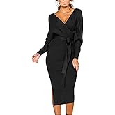 CHERFLY Women's V Neck Sweater Dresses Batwing Long Sleeve Backless Bodycon Long Dress with Belt