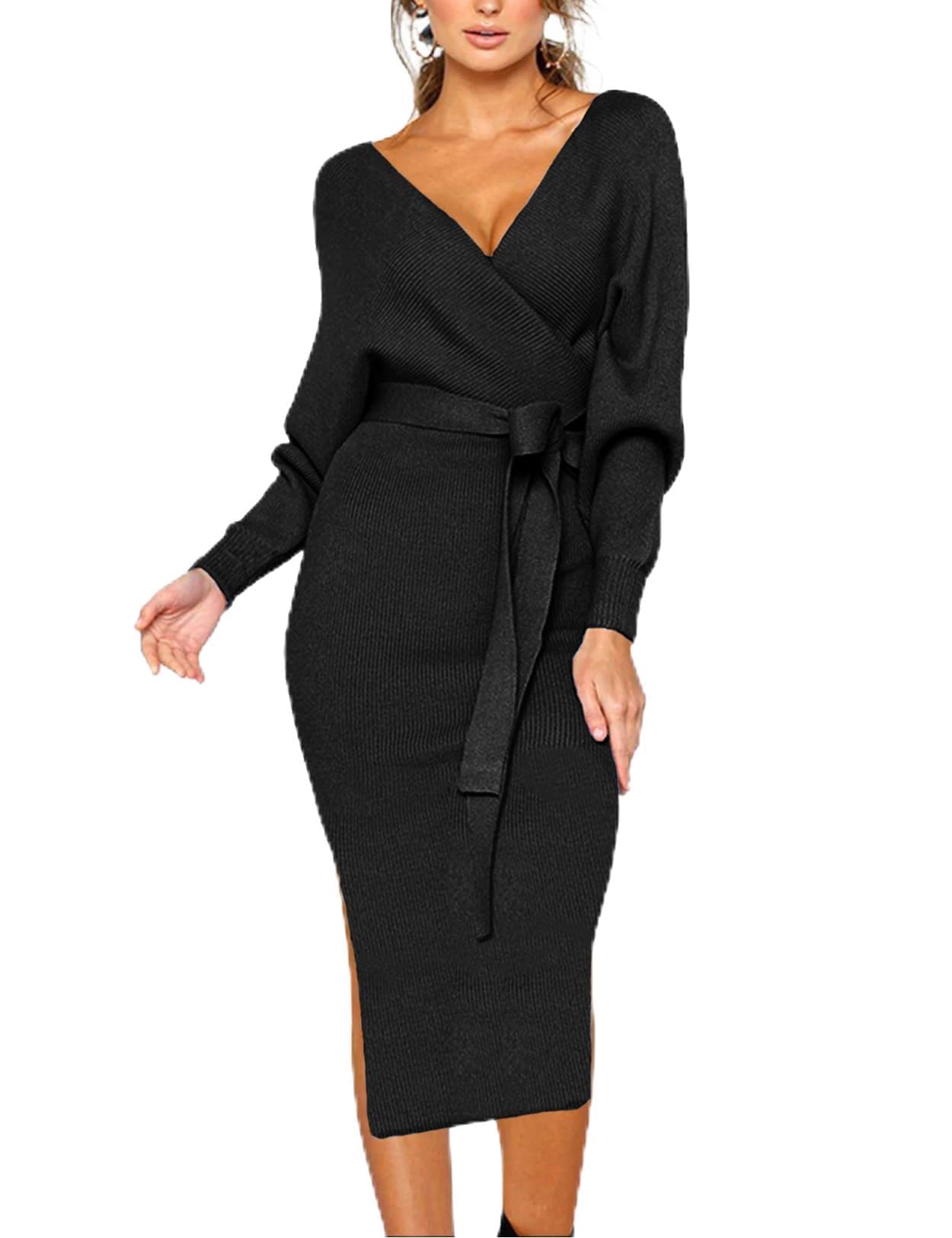 Photo 1 of CHERFLY Women's V Neck Sweater Dresses Batwing Long Sleeve Backless Bodycon Long Dress with Belt(Black Beauty,XX-Large)