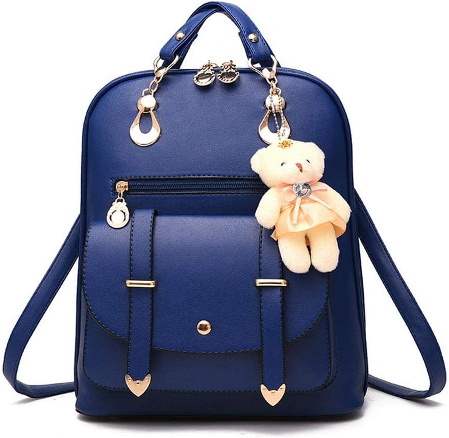 DumcuwFashion Women's Backpack, Pu Leather Anti-Theft Mini Stylish Trendy Waterproof Satchel Backpack Suckrack,Functional Small Casual Ladies Handbag Girls School Bag with Charm Bear Toy Decor.