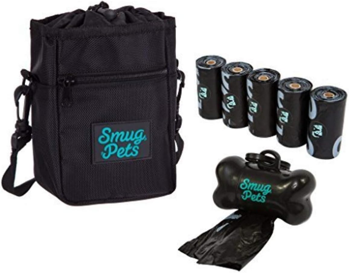 SmugPets Dog Treat Pouch Bag - Adjustable Waist Belt and Shoulder Strap with Clip On Waste Bag Dispenser and 75 Dog Poo Bags - Excellent for Dog walking and Training - Black