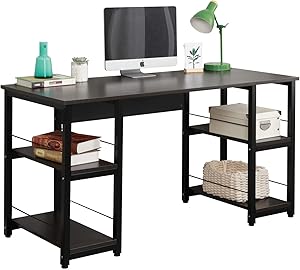 DlandHome Computer Desk 55 inches w/Open Storage Shelves for Both Side Multifunction Trestle Desk Home Office Desk/Studio Workstation,DlandHome 55 inches Computer Desk, DZ012, Black Brown
