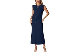 GRECERELLE Women Summer 2 Piece Sets Round Neck Wrinkle-Free Top & Elastic Waist Midi Fishtail Skirt with Pockets(XS-3XL)