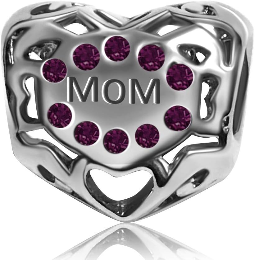 Mom I Love You Mother Engraved Crystal Birthstone Birthday Heart Charms for Bracelet Mother's Day Christmas Charm Beads