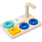 Adena Montessori 5-Shape Stacking Ring Toy, 1-3y | Safe wood, 5 colorful shapes on curved peg. Builds fine motor, hand-eye &amp; sorting. Montessori learning.