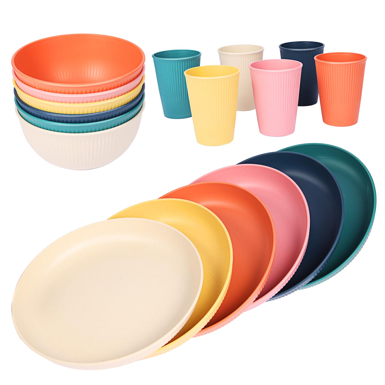 Photo 1 of 18pcs Wheat Straw Dinnerware Sets, Unbreakable dish Set Reusable Plates, Bowls, and Cups Set dishes Dishwasher Microwave Safe for Kitchen Outdoor Travel Camping (Macron Color)