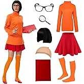 ZOKJFDK Velma Costume Adult Women Halloween Classic Movie Characters Costume with Bob Wig, Long Sleeve Turtleneck Crop Top