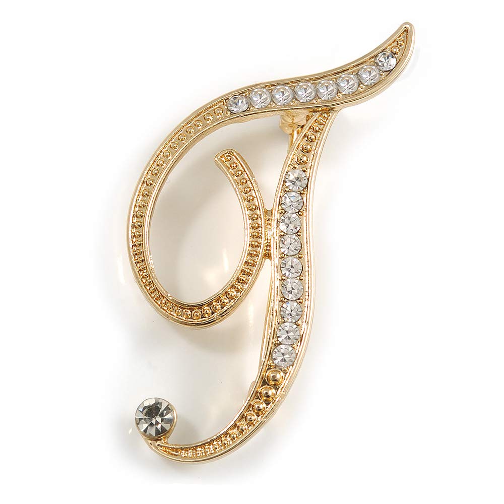 'T' Gold Plated Clear Crystal Letter T Alphabet Initial Brooch Personalised Jewellery Gift - 40mm Tall