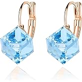 Cube Austrian Crystal Drop Leverback Earrings for Women Fashion 14K Rose Gold Plated Hypoallergenic Jewelry