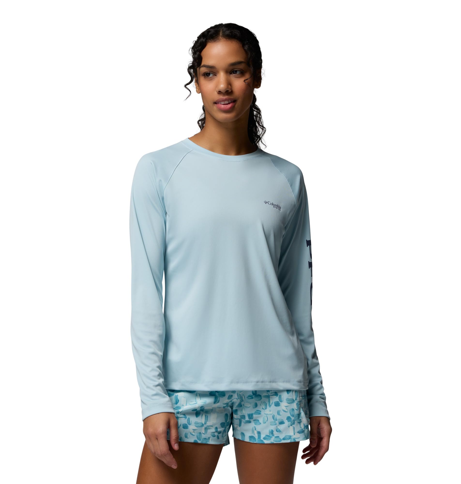 Columbia Women's PFG Tidal Tee II Long Sleeve Sun Protection Shirt, Marine Light/Nocturnal Logo, Medium Image