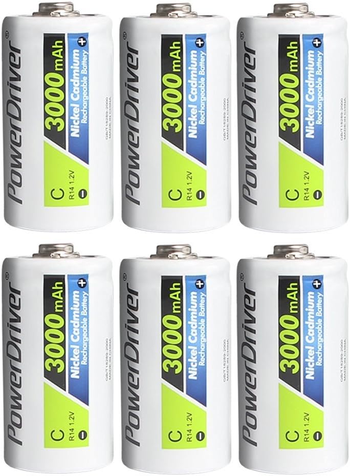 PowerDriver C Size C Cell 3,000mAh Ni-CD Rechargeable Batteries,Pack of 6