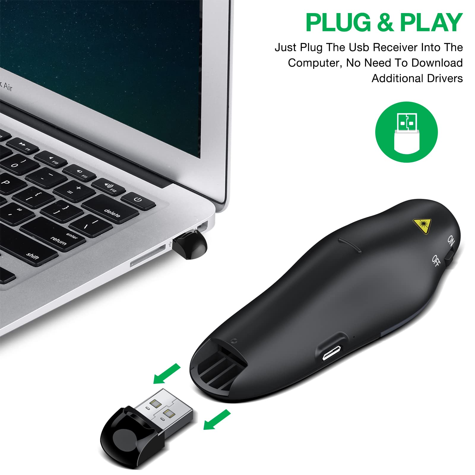 Rechargeable Presentation Clicker Wireless Presenter Remote USB Control Powerpoint PPT Clicker,Green Laser Pointer RF 2.4GHz Presenter Remote Google Slide Advancer for Computer/Laptop/Mac/Keynote