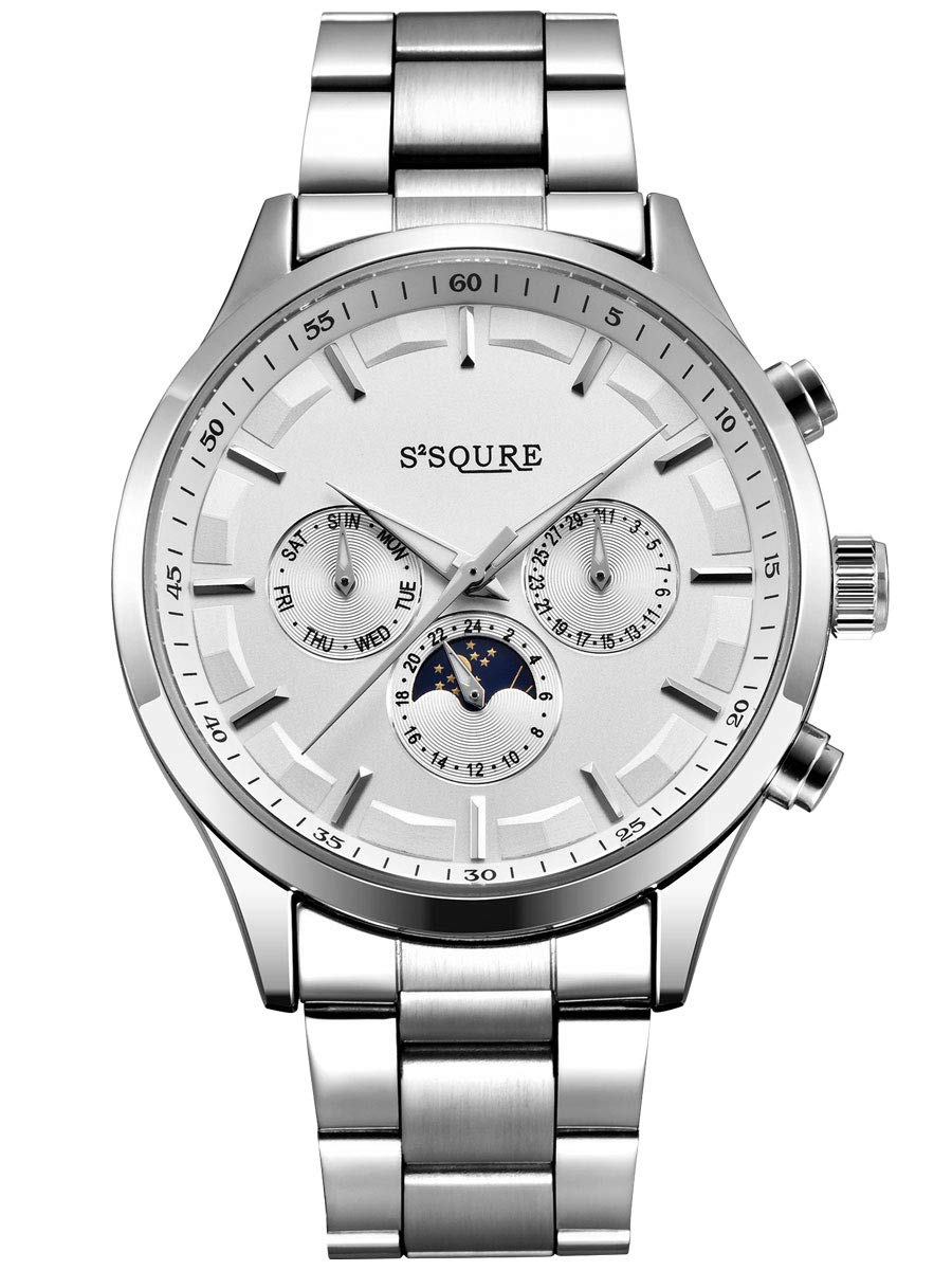 Alienwork Automatic Watch Men Women Silver Stainless Steel Metal Strap Calendar Date White