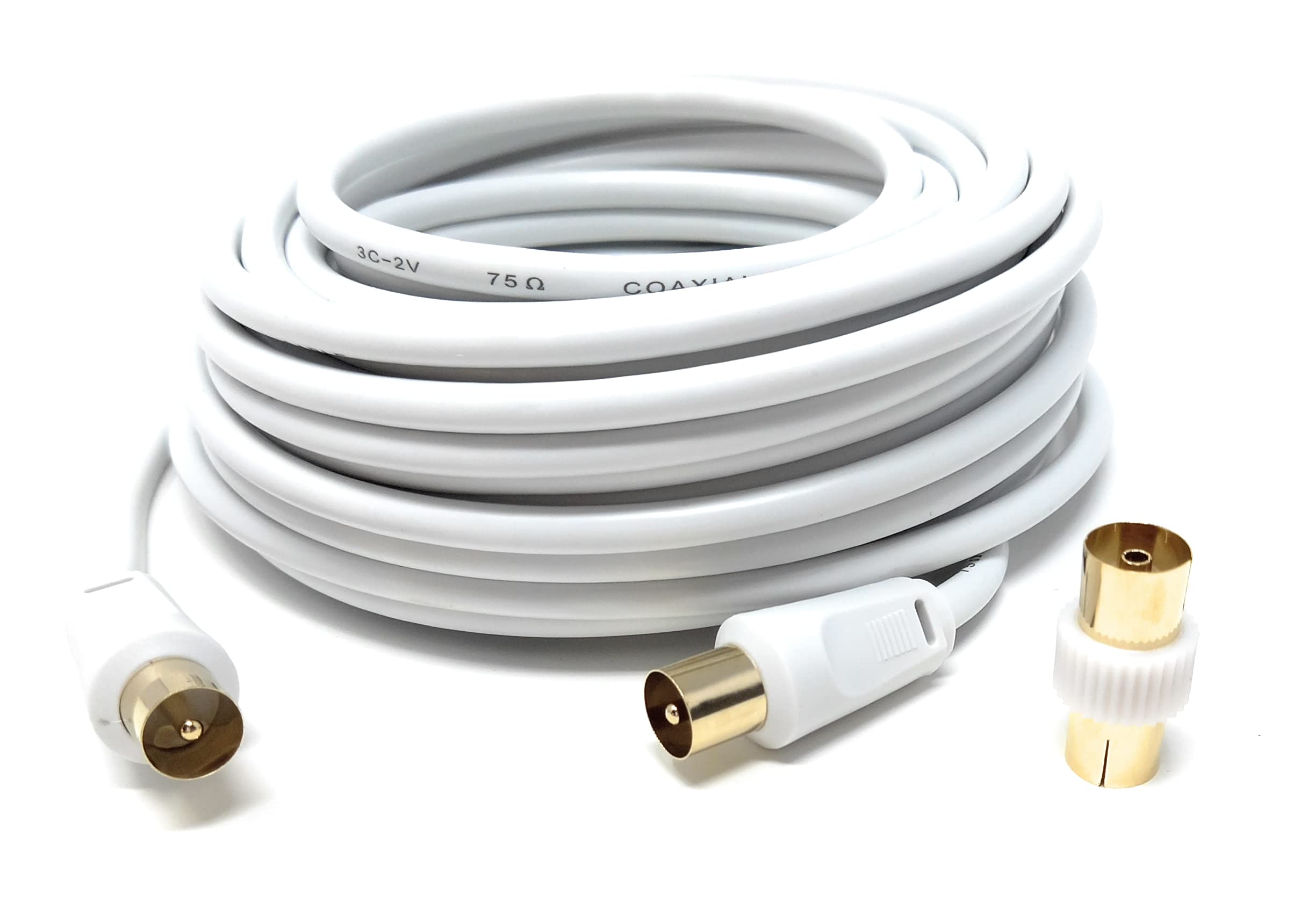 DRUT 10m TV RF Male to Male Aerial Antenna Coaxial Cable With Female to Female Coupler Gold Connectors 75 ohm 3C2V 32,5ft White