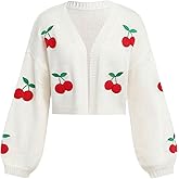 SHENHE Girl's Cherry Cardigan Open Front Embroidered Lantern Sleeve Cropped Cardigan Sweater