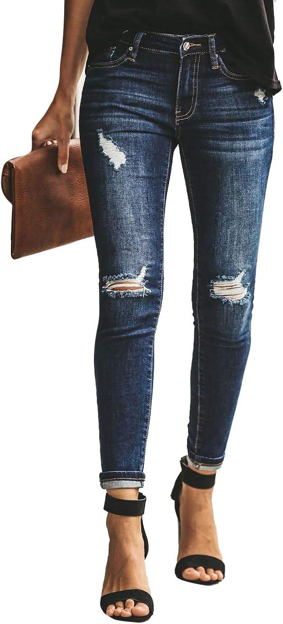 Grimgrow Women's Slim Fit Elastic High Waist Distressed Ripped Skinny Jeans