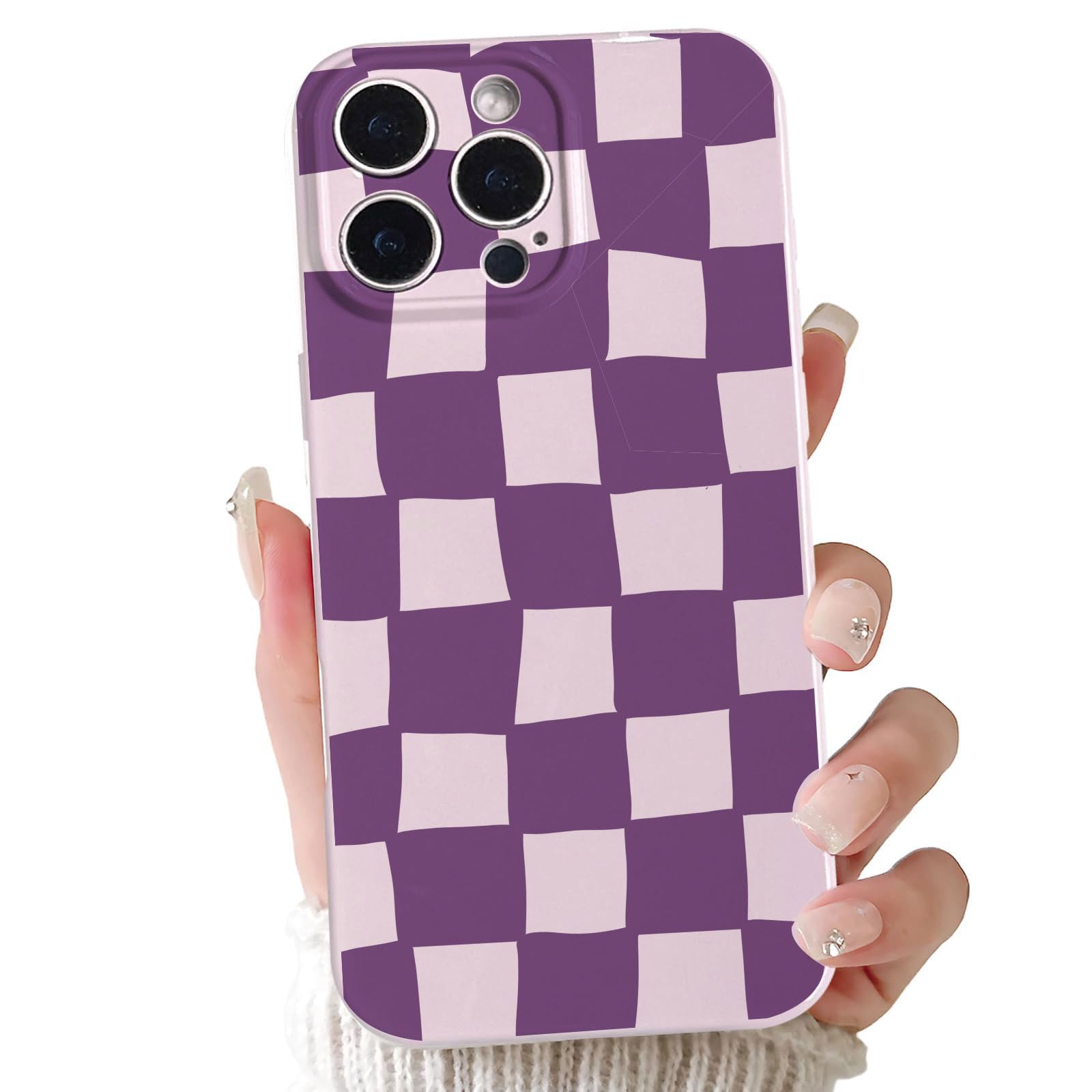 Photo 1 of *2 pack* Aconfei Compatible with iPhone 16 Pro Case for Women Girl Cute Aesthetic Checkerboard Larger Blocks Pattern Trendy Slim Fit TPU Silicone Shockproof Full Camera Protection Cover - Purple