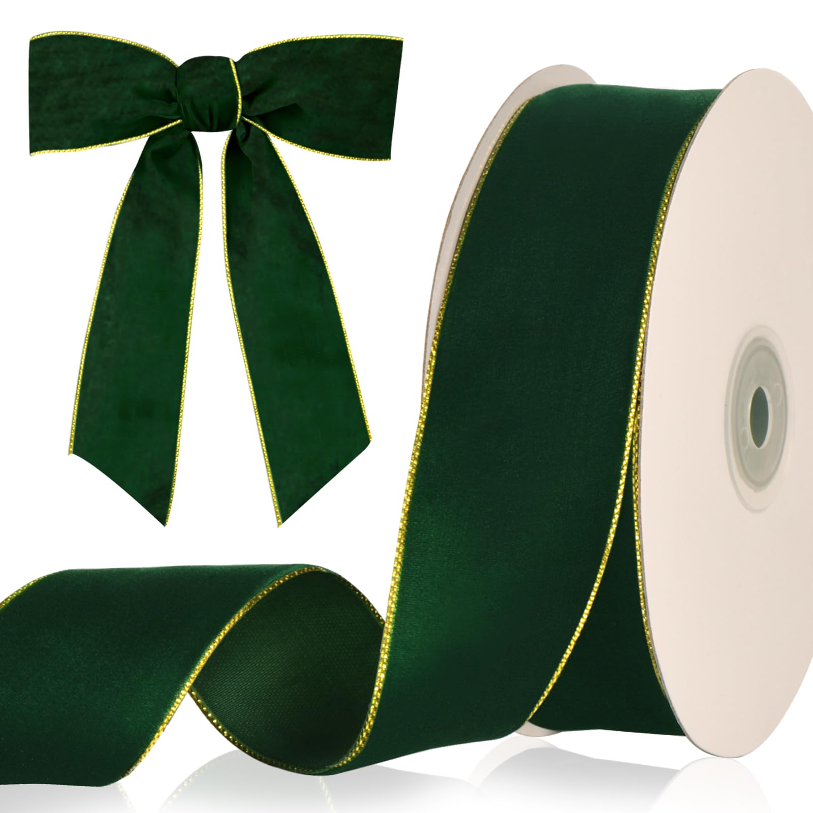 Photo 1 of 10 Yards Golden Edge Green Velvet Ribbon 1 1/2Inch for Christmas Tree, Dark Green Velvet Christmas Ribbon for Gift Wrapping Crafts Bow Wreath Holiday Floral Bouquets Decorations