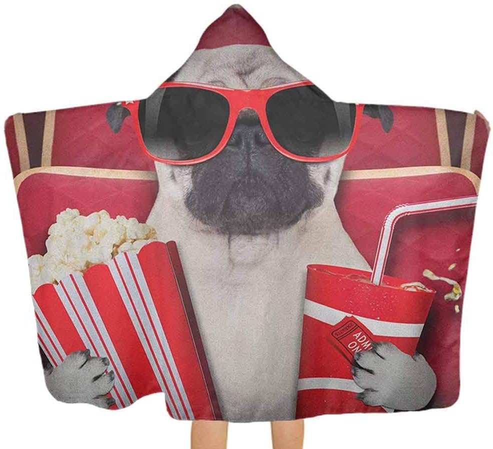 shirlyhome Hooded Poncho Pug Wrinkle-Free Quick-Drying Funny Dog Watching Movie Popcorn Soft Drink and Glasses Animal Photograph Print Red Cream Ruby Size 30"x50"