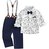 fhutpw Toddler Boy Clothes Suit Formal Dress Shirt with Bowtie & Suspender Pants Kids Gentleman 3pcs Wedding Outfits