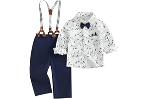 fhutpw Toddler Boy Clothes Suit Formal Dress Shirt with Bowtie & Suspender Pants Kids Gentleman 3pcs Wedding Outfits