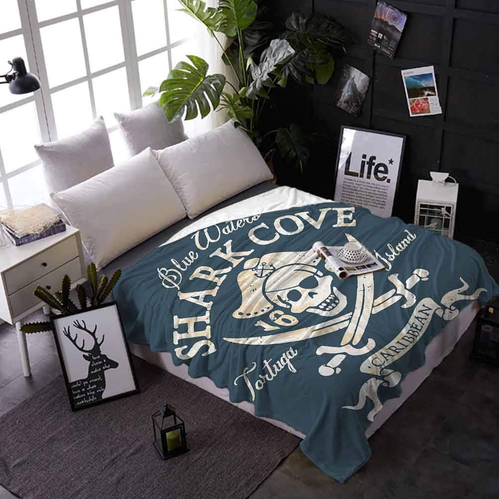 Fuzzy Blanket Pirate Lightweight Soft Cozy Warm for Couch Bed Sofa Shark Cove Tortuga Island Caribbean Waters Retro Jolly Roger 60 x 90 Inches Slate Blue White Light Mustard