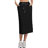 Wrotorea Women's Casual High Waist Elastic Drawstring Stretch Sweat Slit Midi Skirt with Pocket