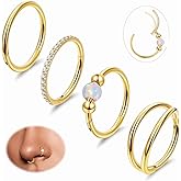 Masedy 4PCS 18G 20G Surgical Steel Nose Ring Hoop for Women Men Hinged Double Nose Hoop CZ Opal Clicker Septum Nose Hoops Cartilage Conch Tragus Rook Ring Lip Daith Piercing Jewelry Gold Silver 7-9MM