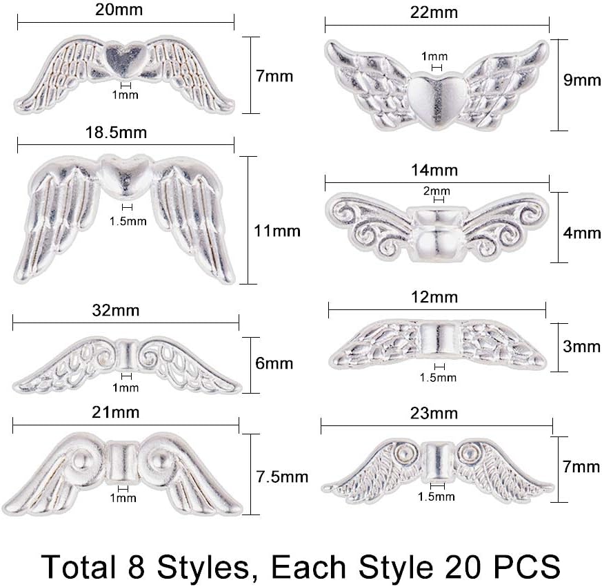 PH PandaHall 160 pcs 8 Styles Silver Wing Shape Tibetan Style Alloy Beads Charm Spacer Beads for Bracelet Necklace Jewellery DIY Craft Making - Image 3