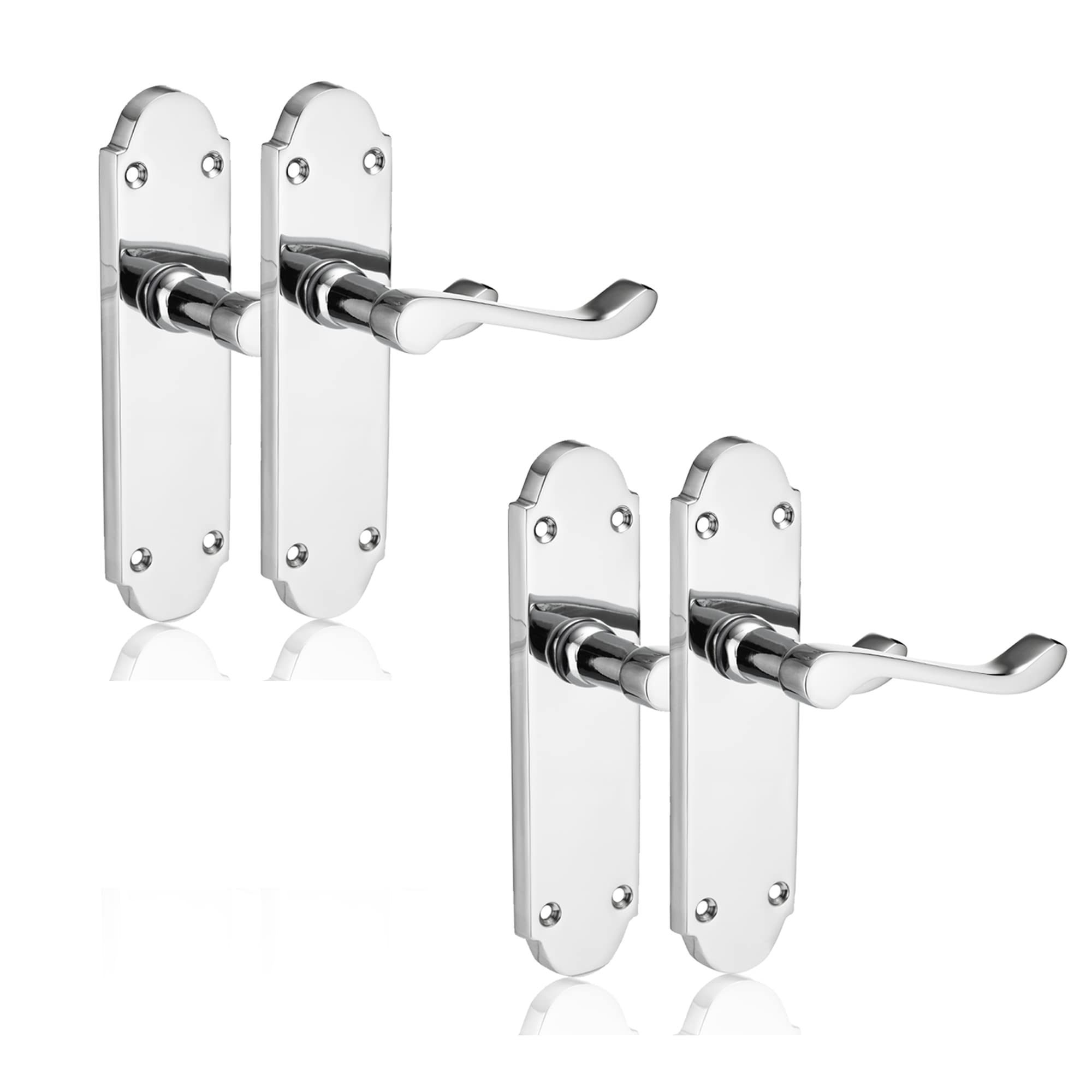 XFORT Chrome Elegance Range Polished Chrome Richmond Lever Latch Handles, Polished Chrome Long Backplate Door Handles, Contemporary Design for Internal Wooden Doors (2 Pairs)