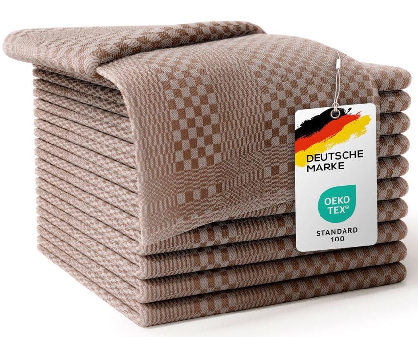 LEFUNDA® Set of 10 Tea Towels - 100% Cotton Kitchen Towels, 220 GSM, Soft, Super Absorbent Dish Towels, Two-ply strong strength, 50x70cm, For Cleaning, Drying, Table Setting and Catering (Brown, 10)