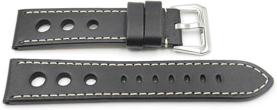 20mm Black Pilot Racing Style Heavy Leather Watchband with S/S Buckle