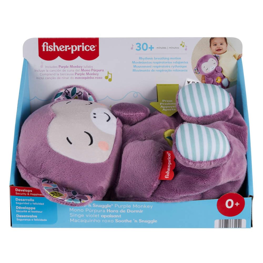 Fisher-Price Baby-Spielzeug Lila Schlummer-Affe, tragbare Plüsch-Spieluhr mit Atembewegungen und Lichtern für Neugeborene ab einem Alter von 0 Monaten, JLH41 7