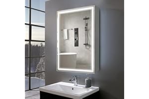 HAUSCHEN HOME 32x24inch LED Medicine Cabinet Lighted Bathroom Mirror, Defogger, Stepless Dimmable, 3000K/5500K Color Temperature Wall Mounted Makeup Mirror, Adjustable Shelf (Grey/Assembly Required)