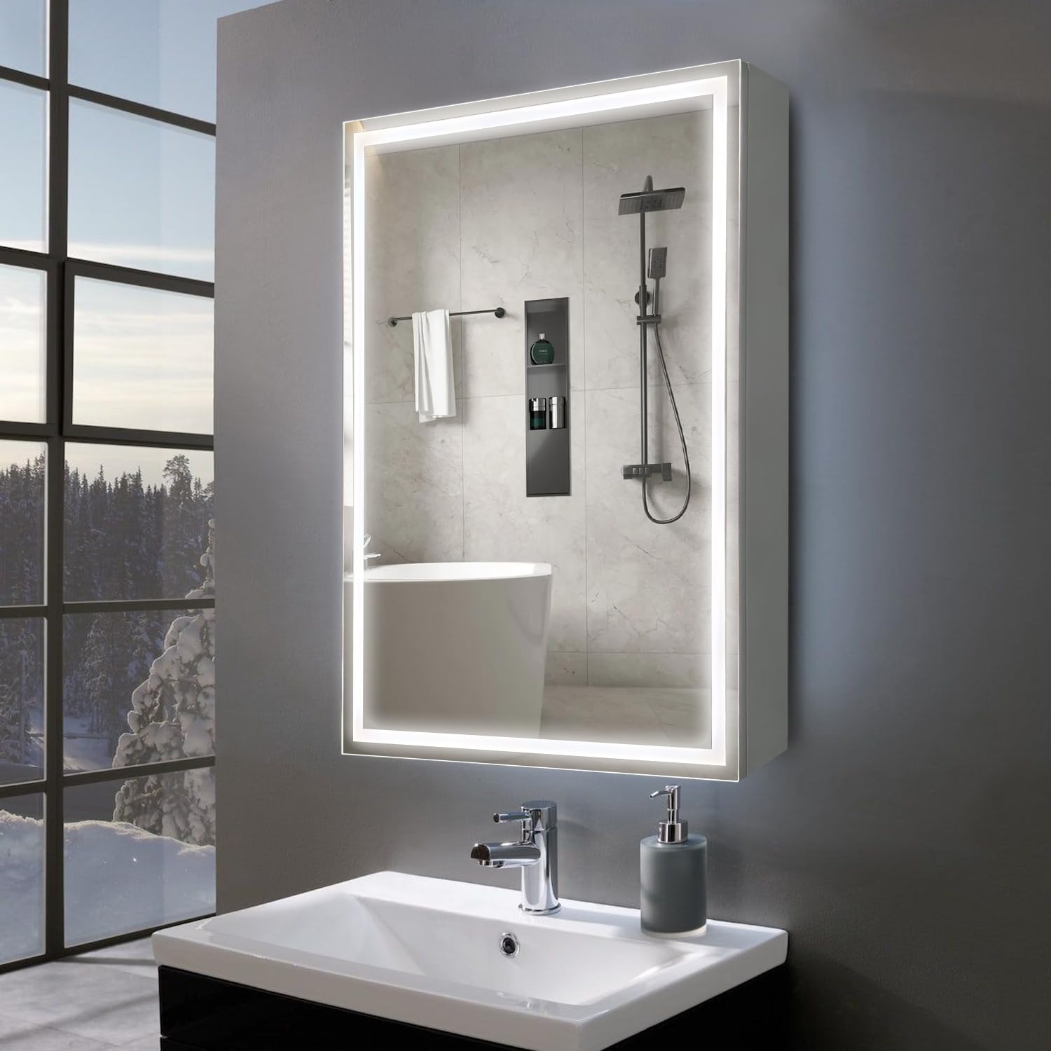Photo 1 of *** MISSING CONTROL KNOB FOR MIRROR *** HAUSCHEN HOME 32x24inch LED Medicine Cabinet Mirror with Lights for Bathroom,Defogger,Stepless Dimmable,3000K/5500K ColorTemperature Wall Mounted MakeupMirror,Adjustable Shelf (Grey/Assembly Required)