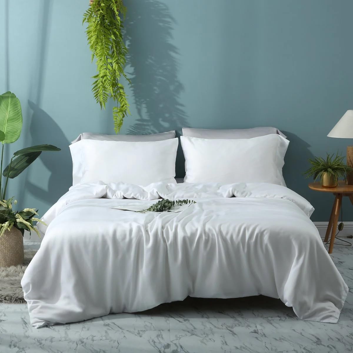 Waterlily 100% Bamboo Lyocell Bedding Set 3 Pcs Duvet Cover & Pillowcases Double King Organic Natural Soft Vegan Silk Luxury Bed Linen (White, Double)