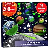 Hello World 200pcs Glow in The Dark Stars and Planets, Bright Solar System Wall Stickers, All Glowing 15 Planets Dwarf Pluto Moon Sun 173 Stars, 12 Shooting Stars, Ceiling Wall Decals Kids Bedroom