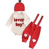 Ursobutegl Newborn Baby Boy Valentine's Day Outfit Lover Boy Romper Bodysuit Jumpsuit Suspender Pants Set Hat Infant Clothes