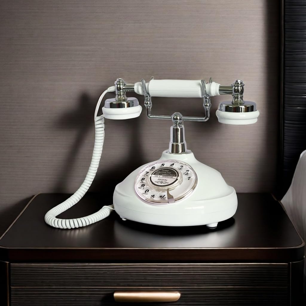 Retro Corded Landline Phone, TelPal White Classic Vintage Old Fashion Telephone for Home/Office/Hotel, Wired Antique Home Phone Gift for Seniors (Rotary Dial Button)