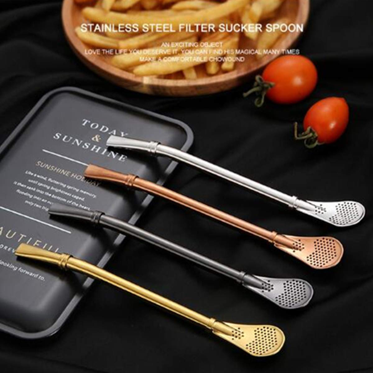 Bombillas Trinkhalme mit Reinigungsbürste für Smoothie, Milchshake und Heißgetränke, Kaffee, Yerba Mate, Strohhalm, Teelöffel, 4 Stück