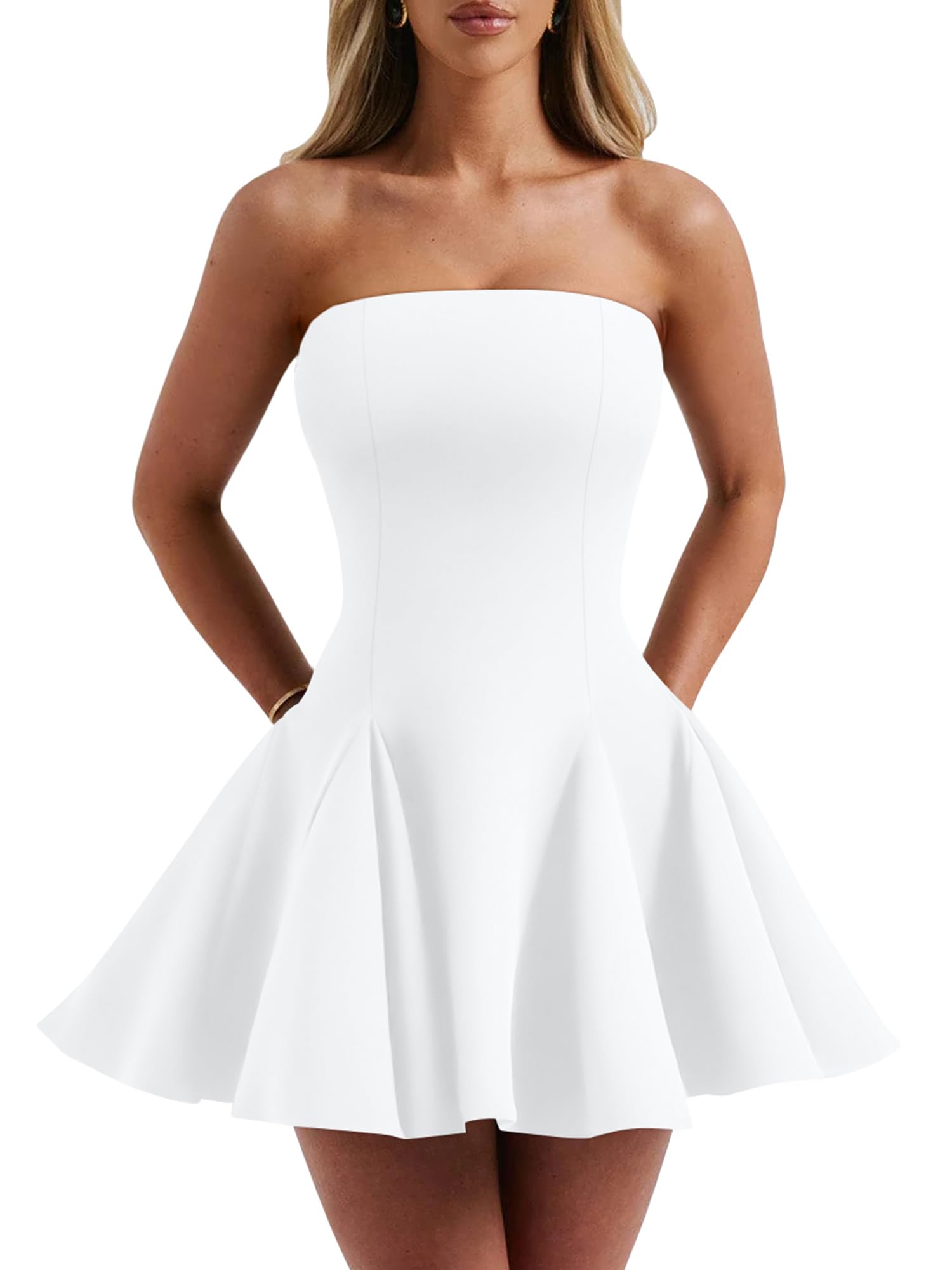 Photo 1 of DAAWENXI Women's Sexy Summer Strapless Mini Dress Homecoming Off Shoulder Sleeveless Party Club Short Dresses White