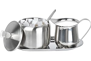 Sugar and Creamer Set, Coffee Serving Set, Stainless Steel Latte Milk Cup Cream Jug and Sugar Bowl with Lid and Spoon Tray Se