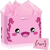 Pink Axolotl Gift Bag Axolotls Birthday Party Wrapping Paper Bags with Handles Tissue Paper Greeting Card Salamander Party Favor Bags for Girls Boys Kids Baby Shower Parties Decorations Supplies